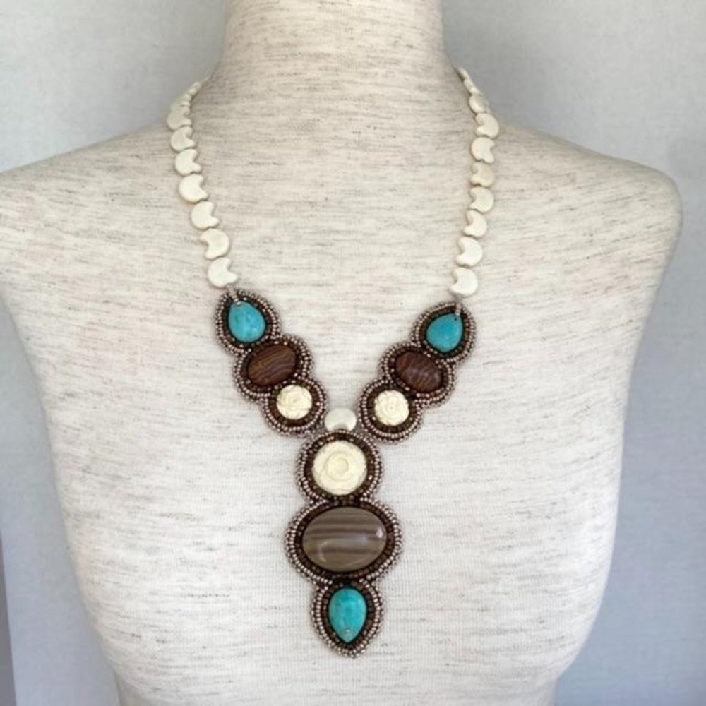 Hand Beaded Y Statement Necklace Natural Stone